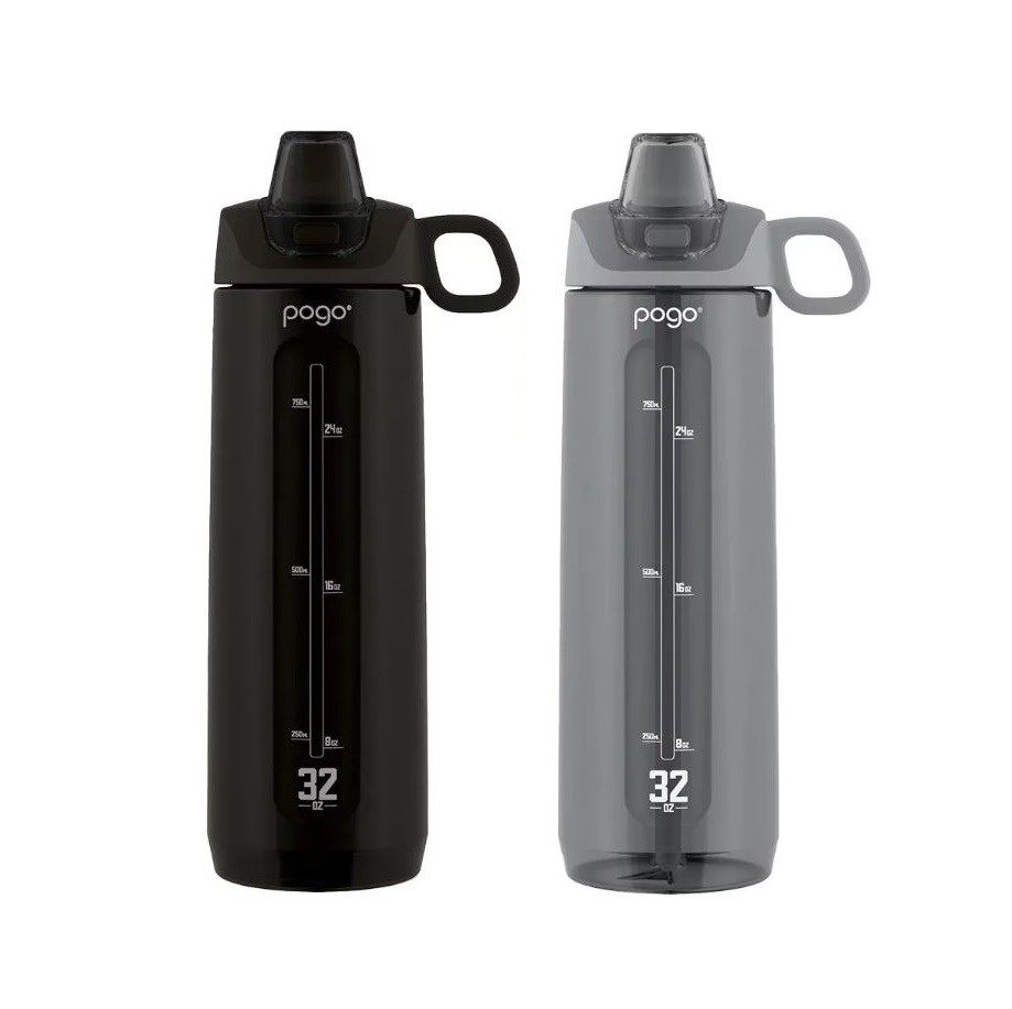 3 x Singular POGO Tritan Water Bottles, 946ml, Black/Grey.