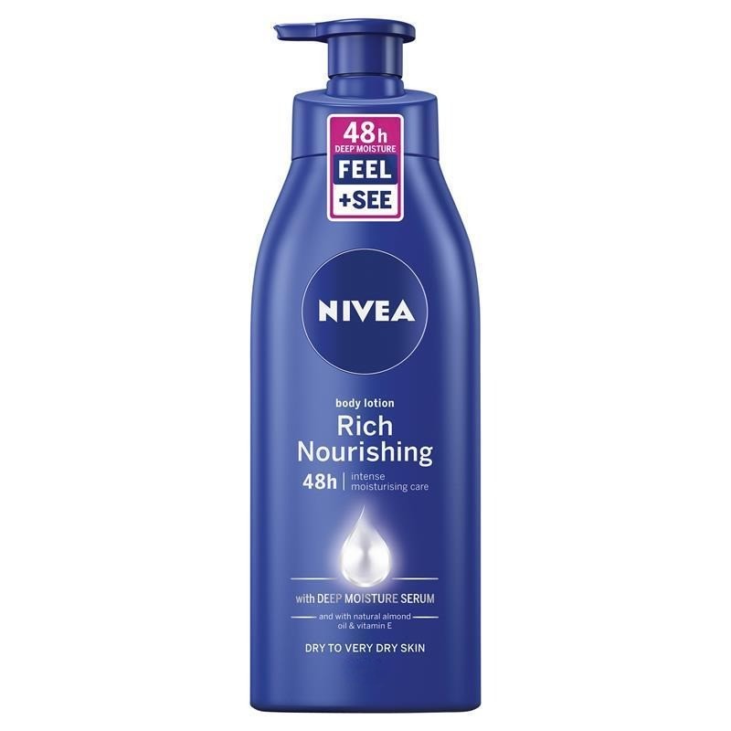3 x NIVEA Rich Nourishing Body Lotion, 625ml. N.B: 1 x damaged pump.