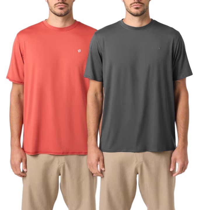2-Pack HANG TEN Men's UPF50+ Sun Tees, Size L, Red/Grey. NB: 1x has a minor