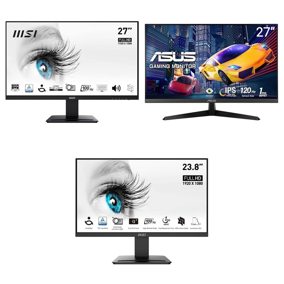 3 x Assorted Monitors. 1 x MSI PRO MP273A 27" FHD 1080p 100Hz 1ms IPS. 1 x