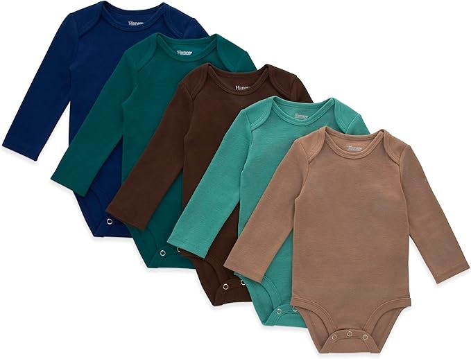 5 Pack x HANES Baby Long Sleeve Bodysuit, Ultimate Flexy Bodysuits, 6-12 Mo