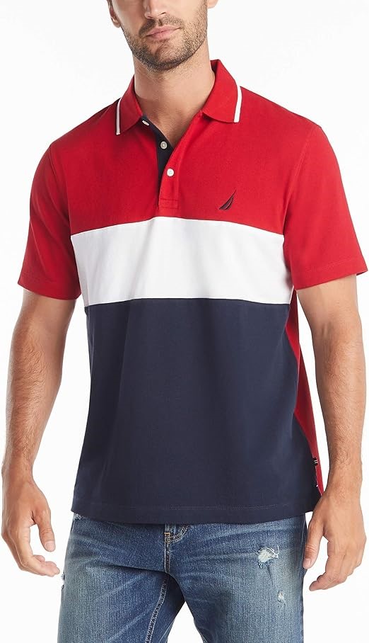 NAUTICA Men's Short Sleeve 100% Cotton Pique Color Block Polo Shirt, Size 2