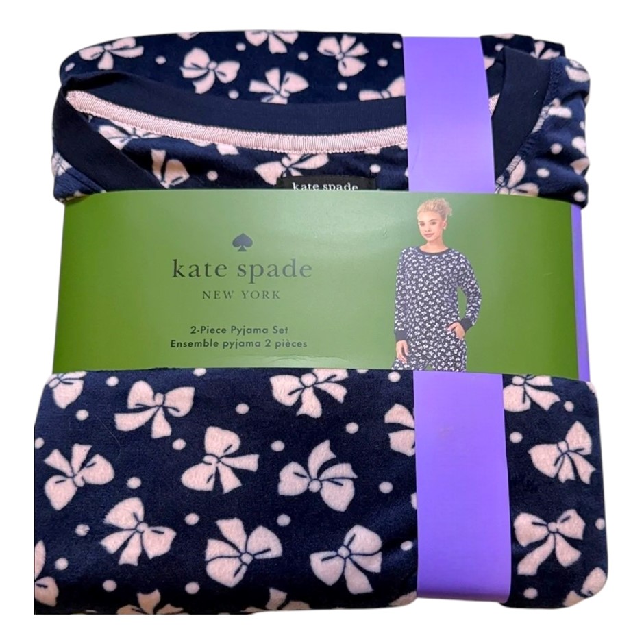 KATE SPADE Women's 2pc Velour Long PJ Set, Size S, Navy/Ribbons. Buyers No