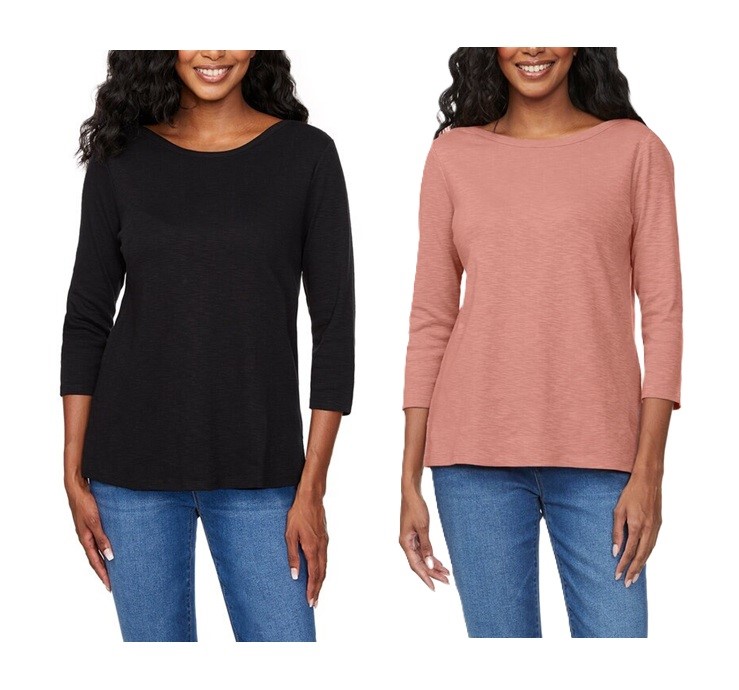 2 x SIGNATURE Women's 3/4 Sleeve Boatneck Slub Tees, Size XL, 100% Cotton,