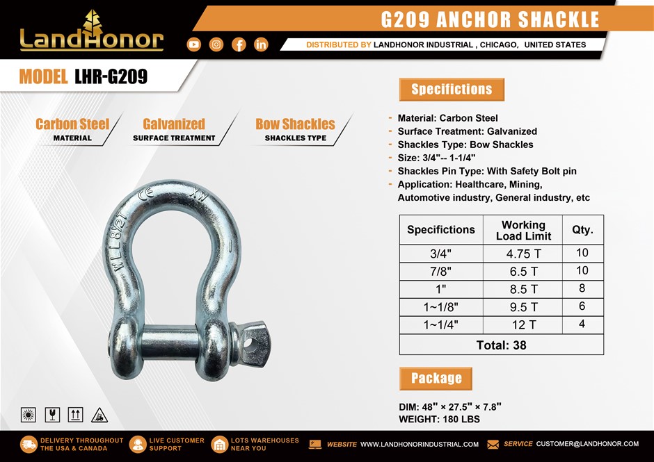 2026 Unused LandHonor 4.75-12T Anchor ShackleG209 LHR-G209