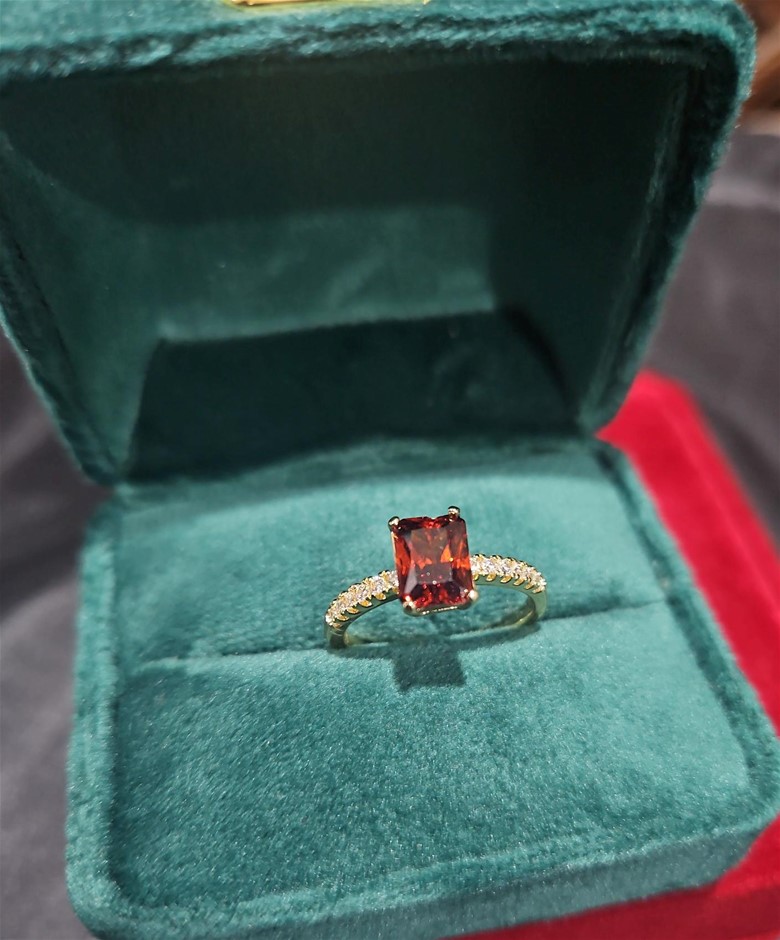 14K/Italy 2.5ct Ruby Emerald Cut Yellow Gold Filled Ring(stamped)-6US