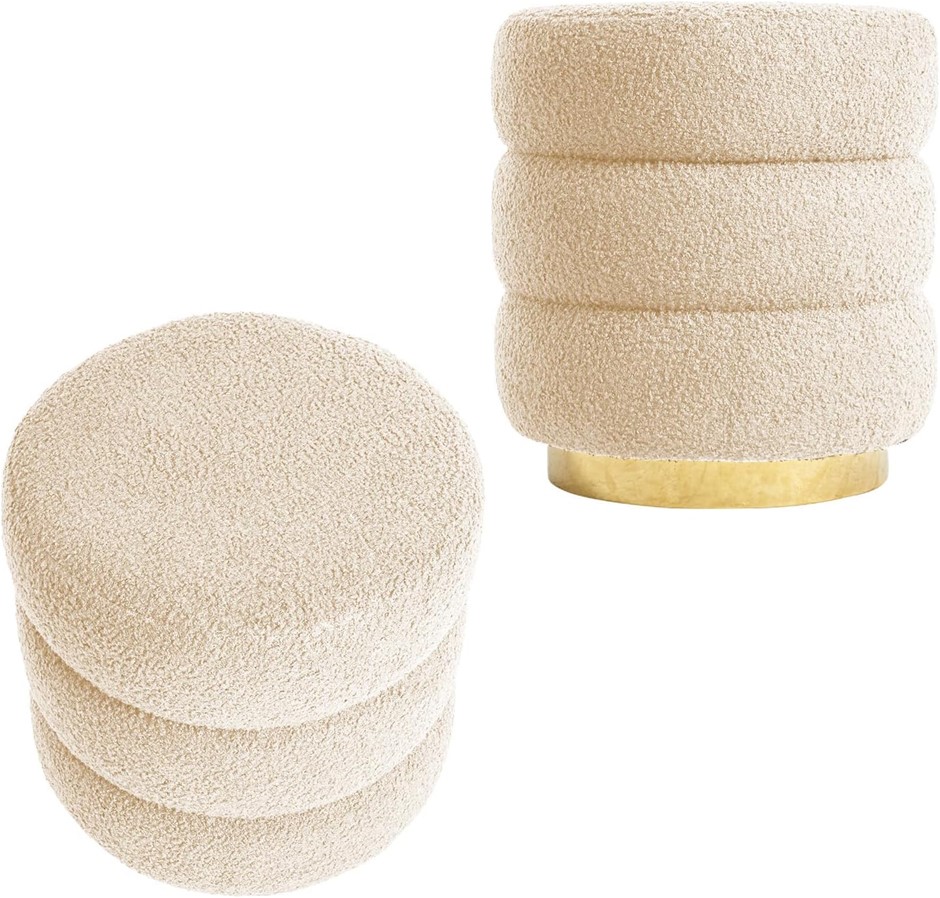 La Bella Round Ottoman Stool Set of 2 – Teddy Fleece Upholstery with Gold B