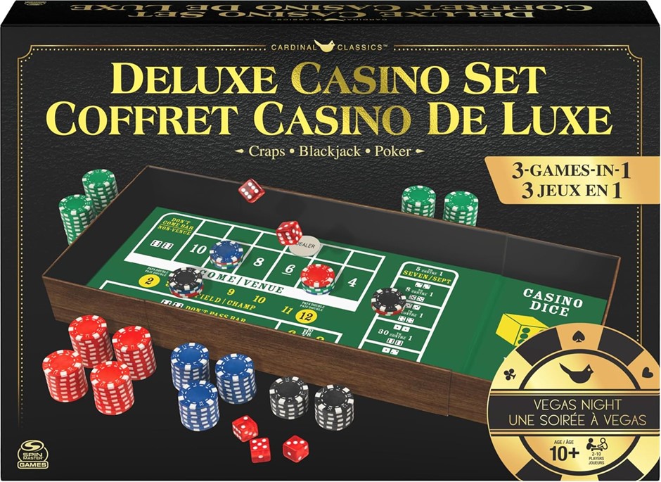 Deluxe Casino Set, 3 Classic Games in 1: Craps, Blackjack, and Poker, Class