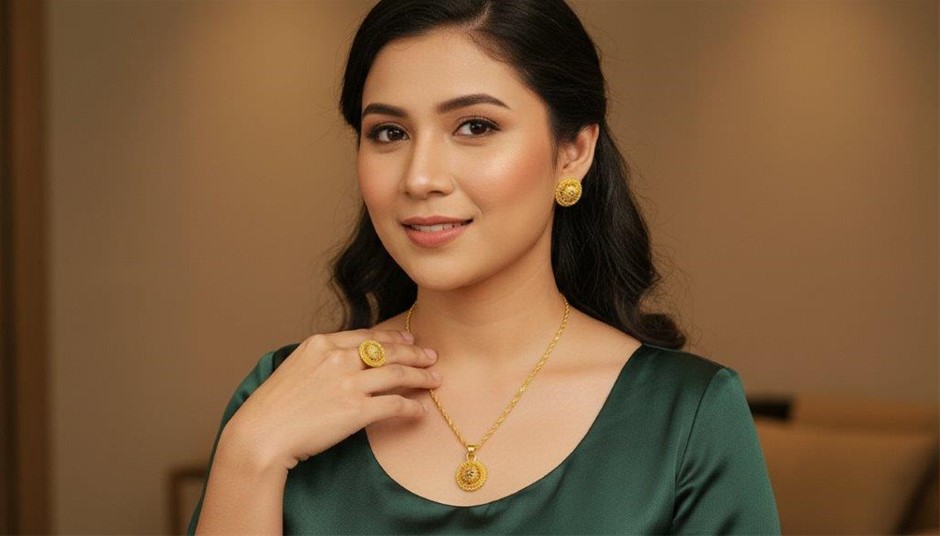 Set 24k Triple Yellow Gold plated Earrings & Ring & Pendant & Chain (24k)