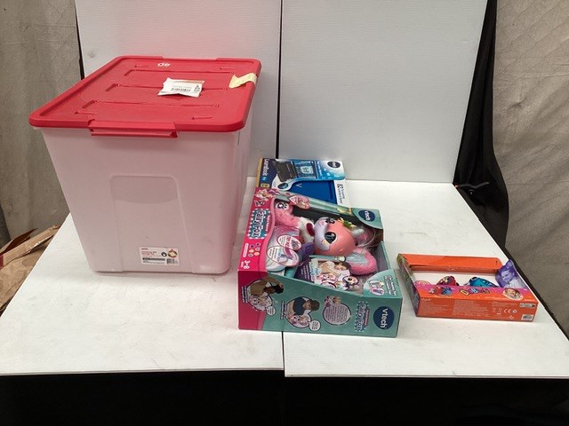 <p>White TubWith Red lid Containing Assorted Kids Toye</p>
