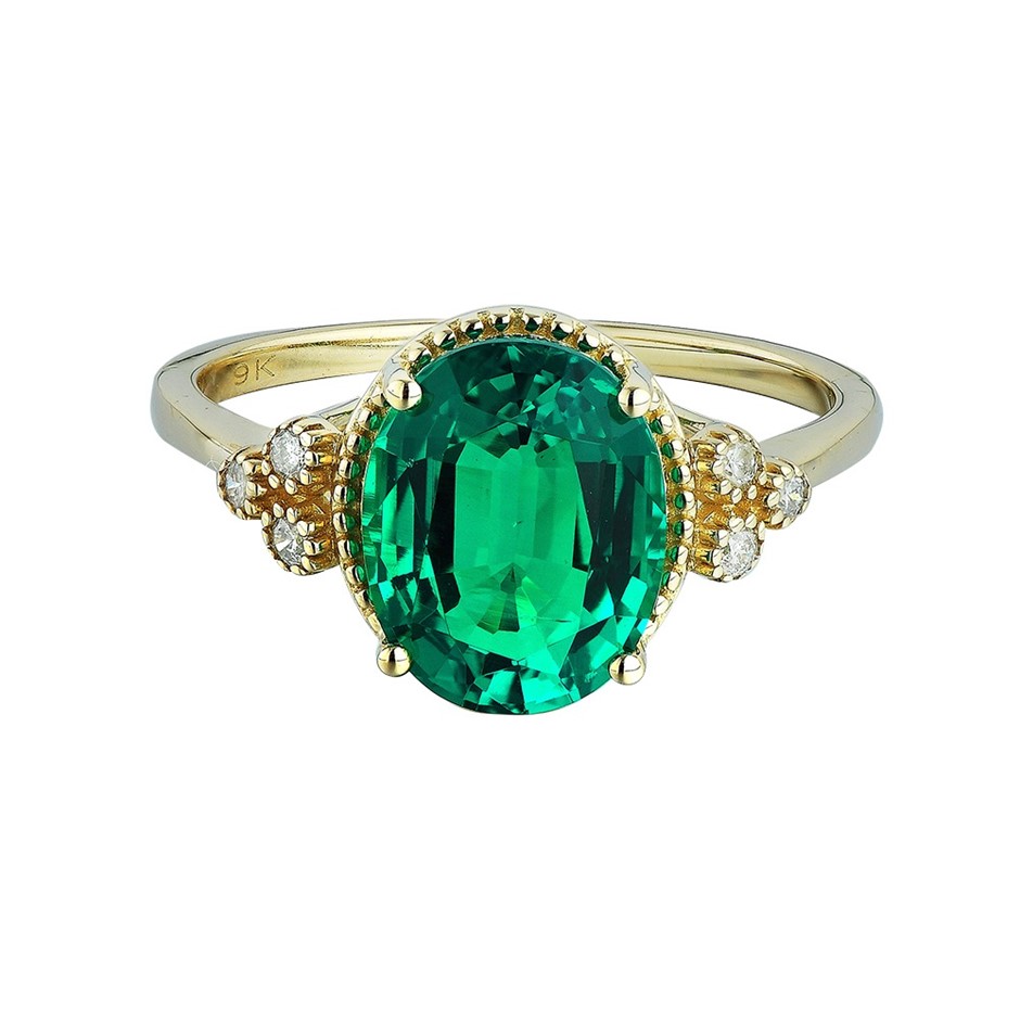 2.74 Carat Lab Grown Emerald and Diamond Solid 9K Gold Ring