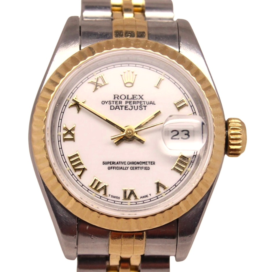 ROLEX DATEJUST 26 26MM YELLOW ROLESOR 69173 AUTOMATIC WHITE ROMAN DIAL