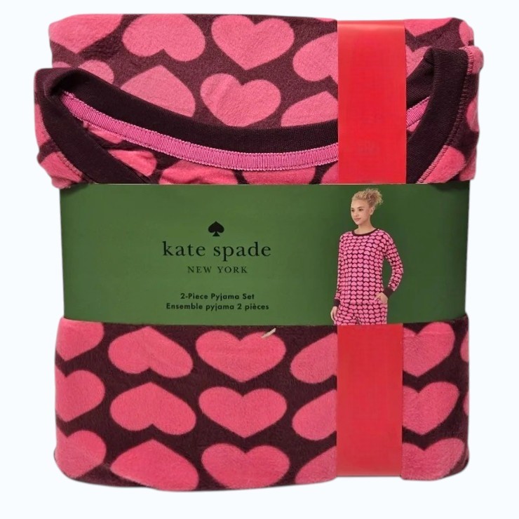 KATE SPADE Women's 2pc Velour Long PJ Set, Size L, Pink/Hearts.