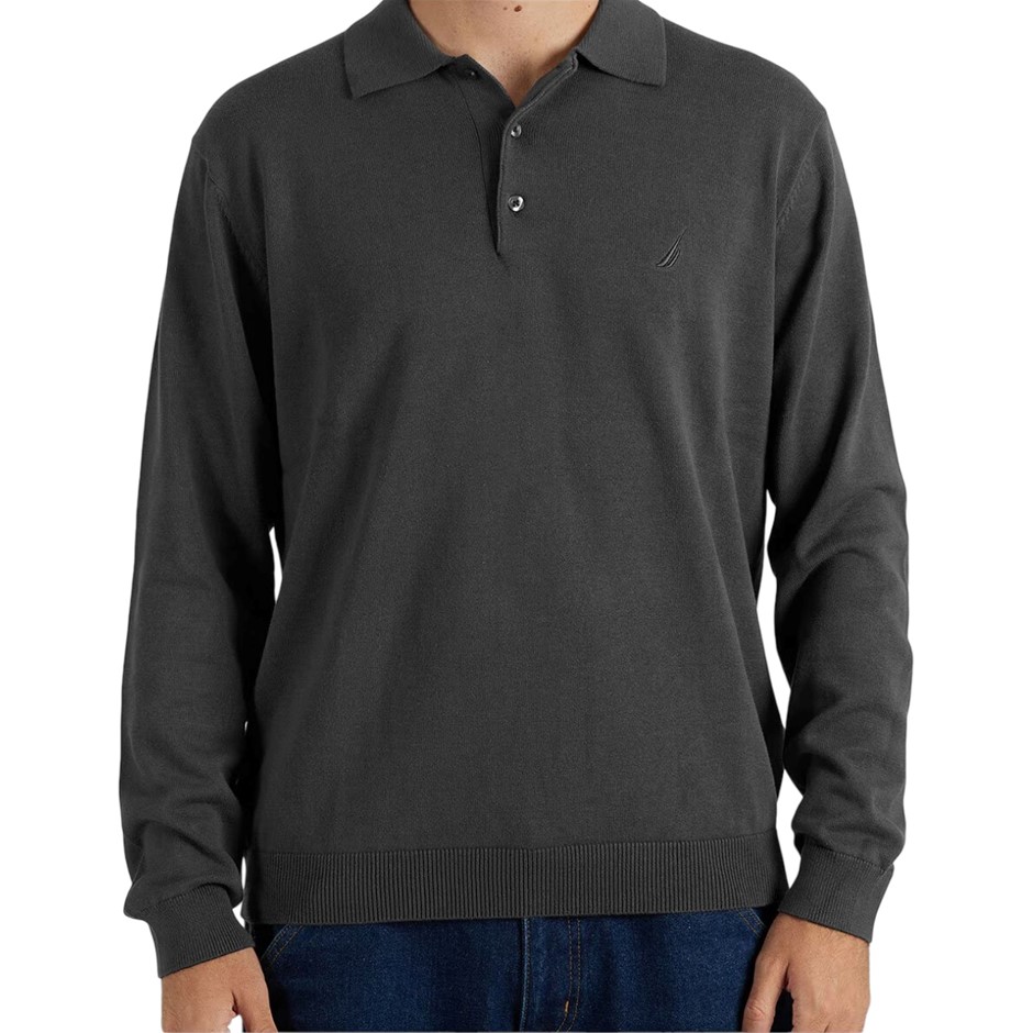 NAUTICA Men's Long Sleeve Knit Polo, Size L, 100% Cotton, Charcoal. NB: min