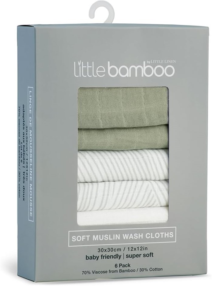 Little Bamboo Muslin Baby Face Washer Cloths 6 Pack - Bayleaf