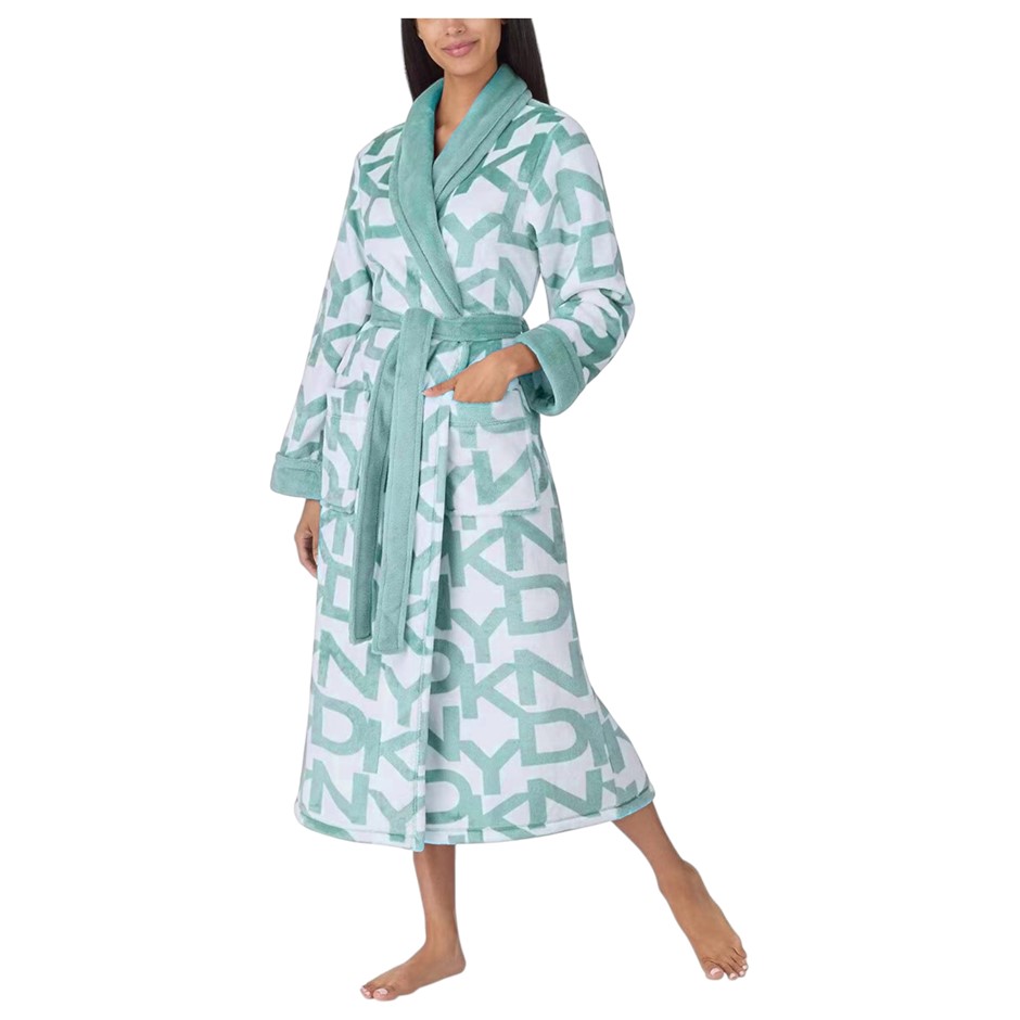 DKNY Women's Plush Shawl Collar Robe, Size S, Blue/White. NB: faint minor s