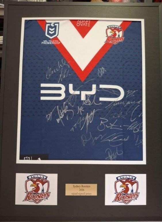 SYDNEY  ROOSTERS SIGNED & FRAMED 2026 JERSEY