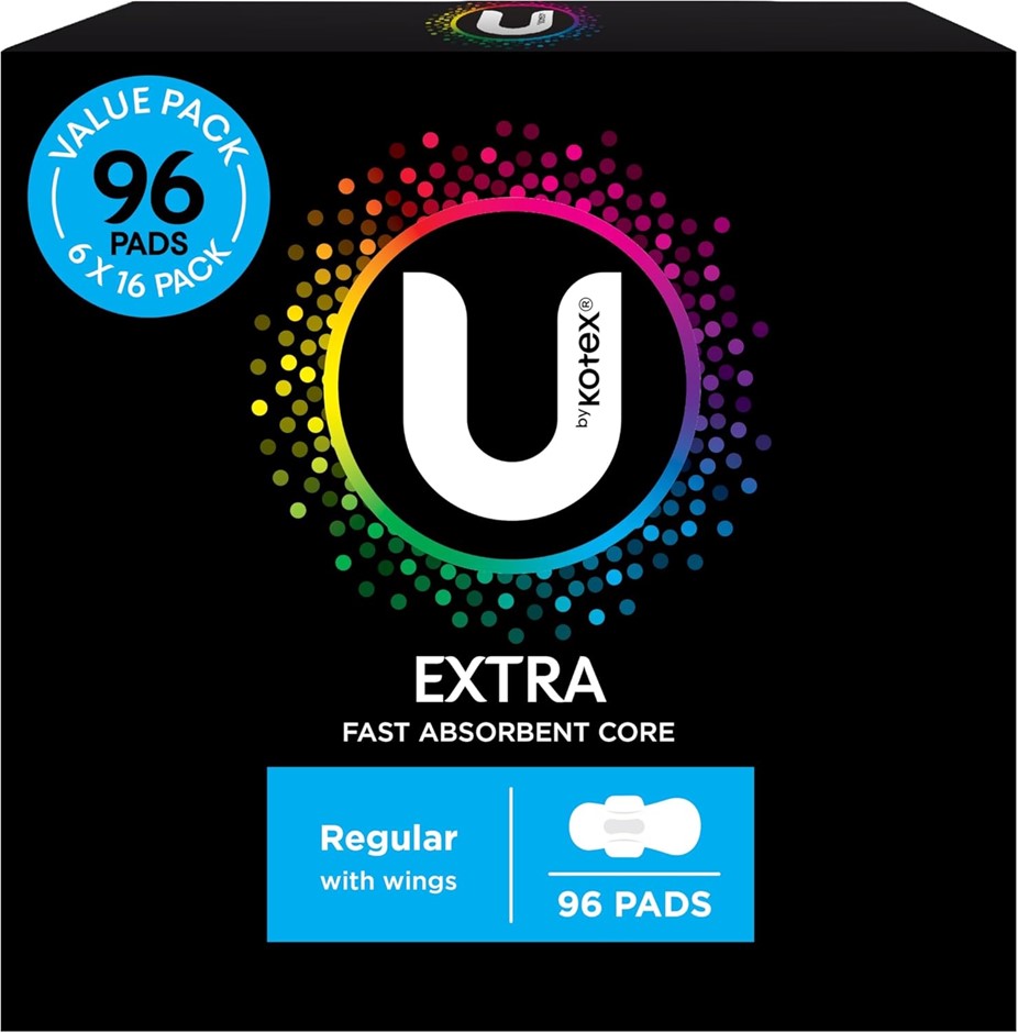 U BY KOTEX Extra Pads Regular w/ Wings 96 Count (6 x 16pc).