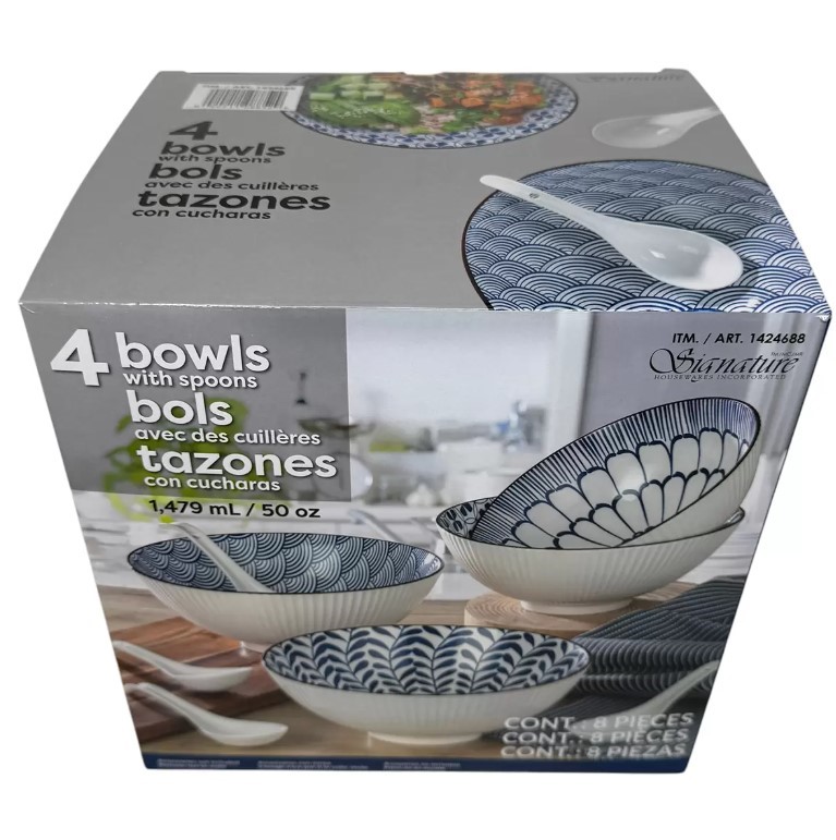 SIGNATURE HOUSEWARES Bowls 4-Piece Set. NB: All 4 x spoons are missing.