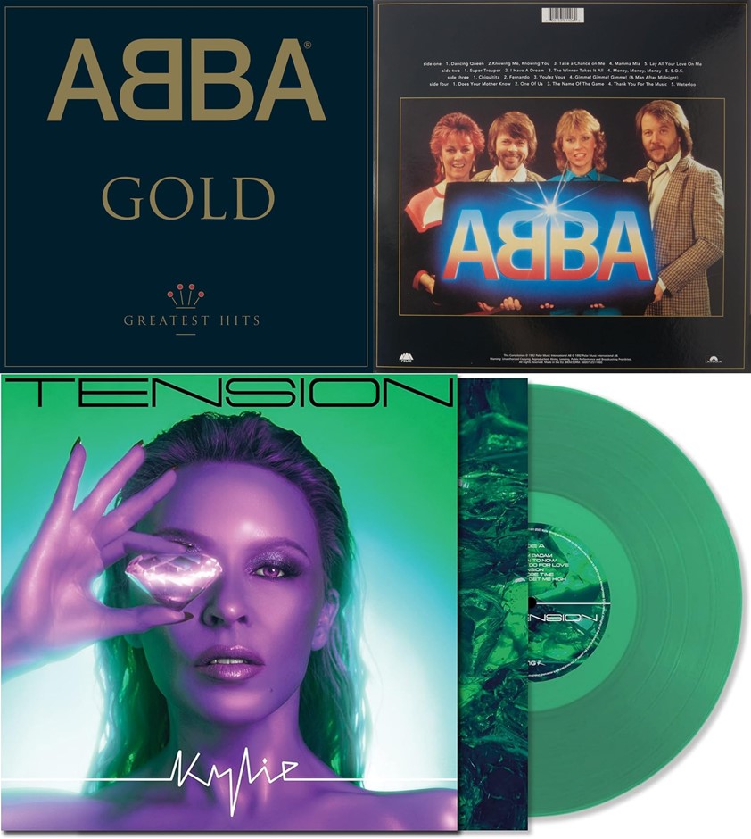2 x VINYL RECORDS: Kylie Minogue Tension Transparent Green Vinyl, ABBA Gold