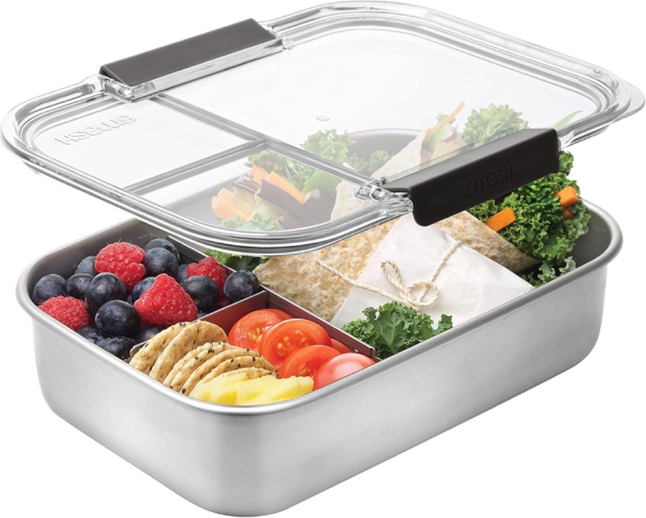 Smash Microwave Safe Stainless Steel Bento Lunch Box, 3 Compartments, Black