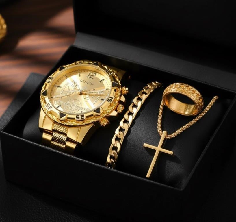 4-Piece Jewellery Set.Watch, Necklace, Bracelet, Ring (Gift Box Included)