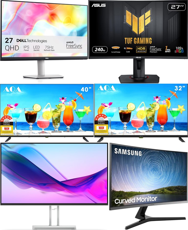 6 x Assrtd. Monitors & TVs: AOA Smart TVs, Dell Monitor, ASUS Gaming Monito