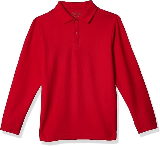 NAUTICA Boys School Uniform Long Sleeve Polo Shirt, Red, Size M(10-12)R, NU