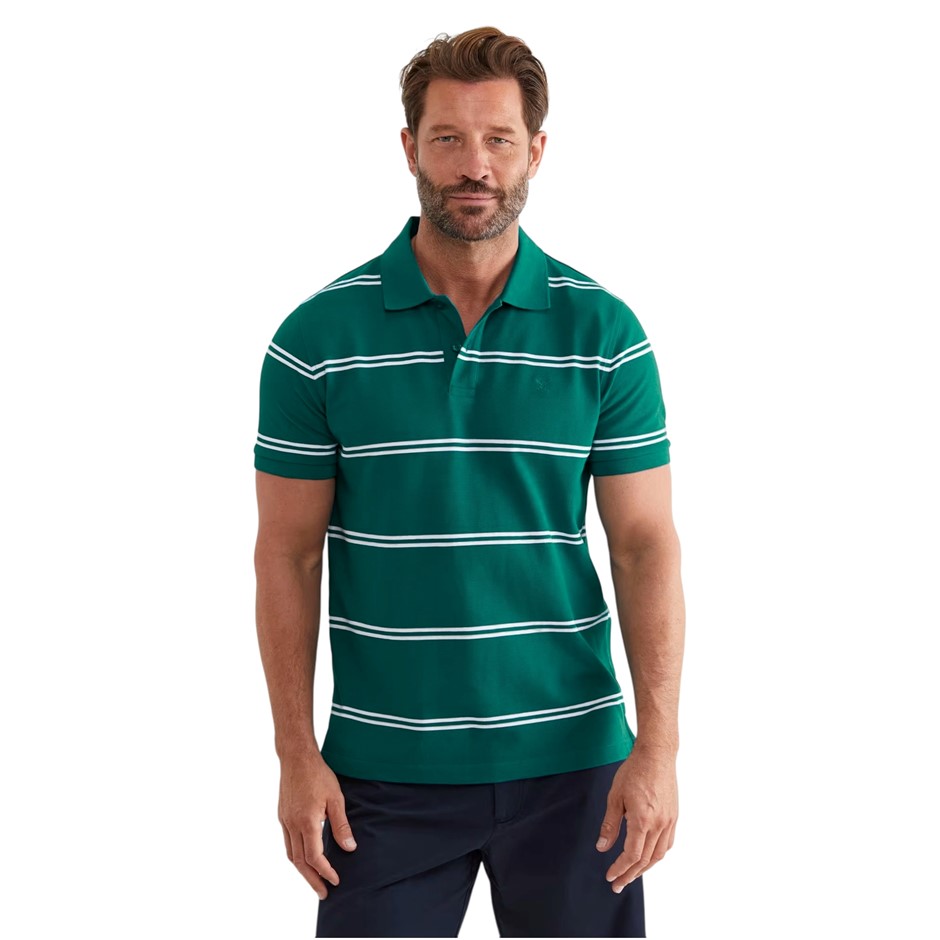 SPORTSCRAFT Men's Hall Polo, Size 2XL, Teal/White Stripe, 100% Cotton, AG20