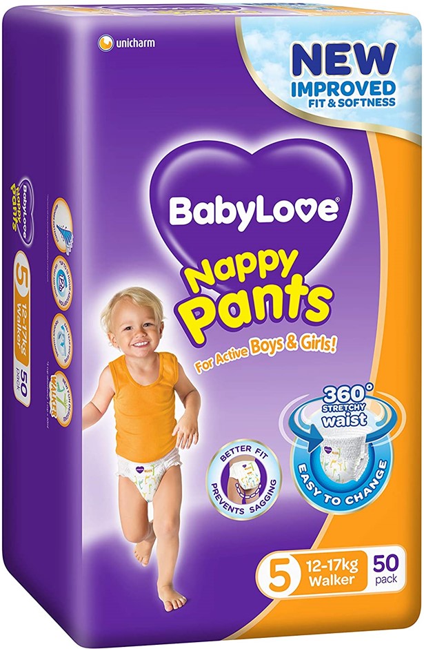 BABY LOVE Premium Nappy Pants 5 (12-17kg), 100 Nappies (2x 50 pack), 12-Hou