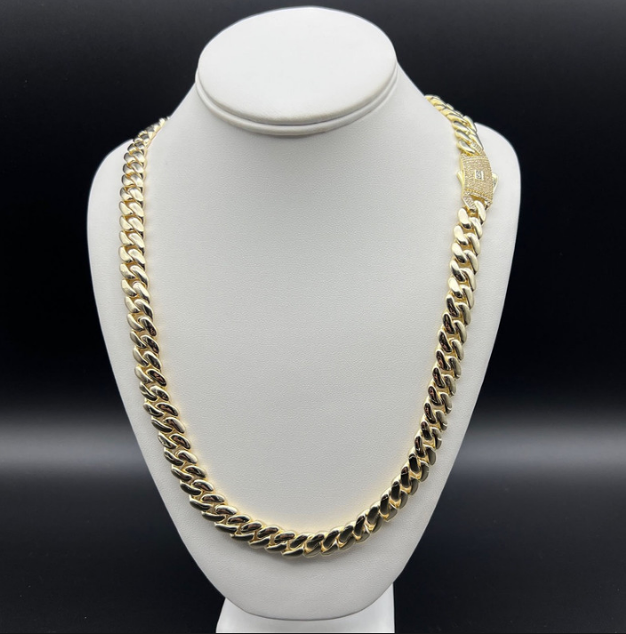 14K Gold-Filled Solid Cuban Necklace, Simulated Diamonds, 10MM Wide - 66cm
