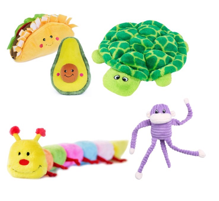 5 ASSORTED ZIPPYPAWS TOYS; 1 X NomNomz Taco, 1 X Squeaky Caterpillar, 1 X S