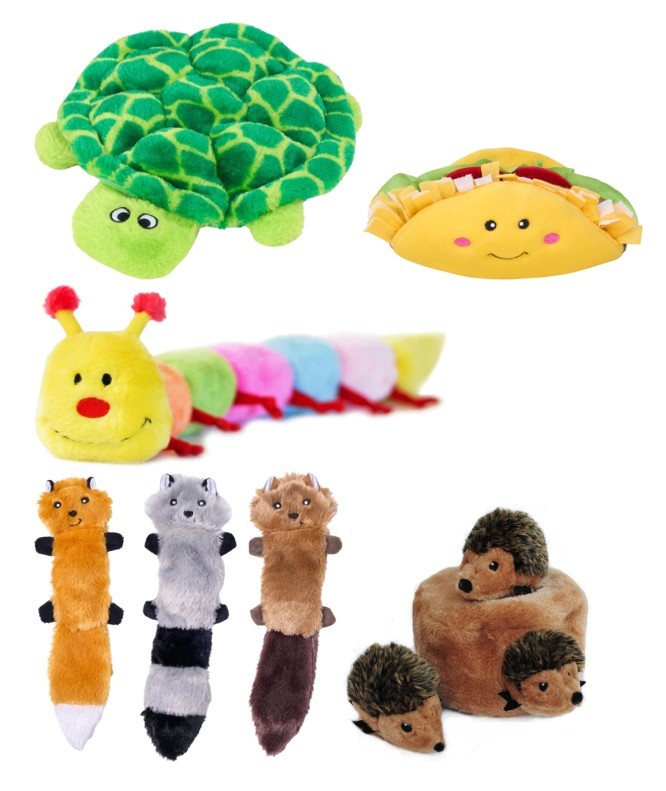 5 ASSORTED ZIPPY PAWS DOG TOYS, 1 X TURTLE, 1 X HEDGEHOG BURROW, 1 X TACO,