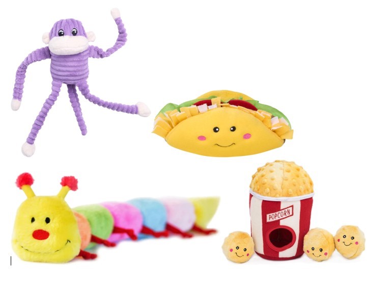 4 X ASSORTED ZIPPY PAWS DOG TOYS; 1 X POPCORN BUCKET, 1 X PURPLE MONKEY, 1