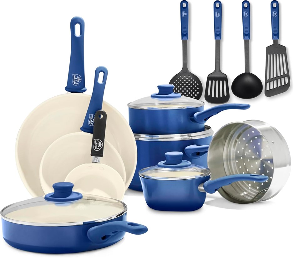 GREEN LIFE Soft Grip Healthy Ceramic Nonstick, 16 pc Cookware Pots and Pans