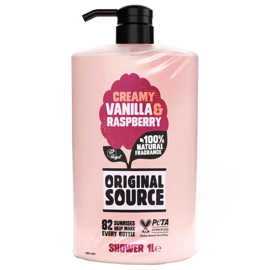 3 x ORIGINAL SOURCE Creamy Vanilla & Raspberry Body Wash, 1L. N.B: Damaged/