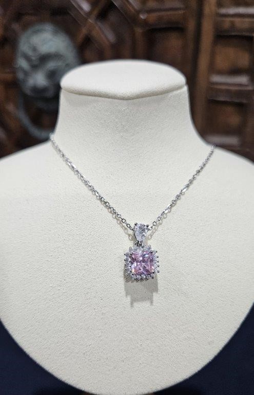 925 Sterling Silver Pink stones Princess Cut Necklace-Simulated Diamonds