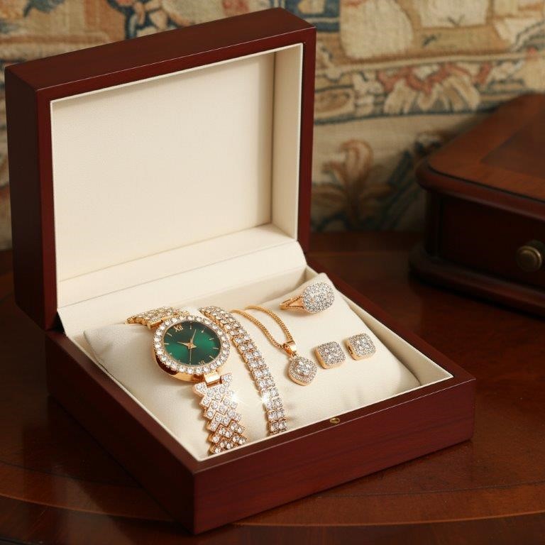 6-Piece Jewellery Set green Stones(Gift Box Included)