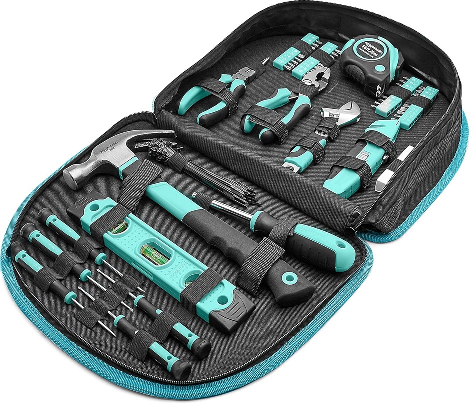 AMAZON BASICS 104pc Tool Set with Easy Carrying Round Pouch, Turquoise. NB: