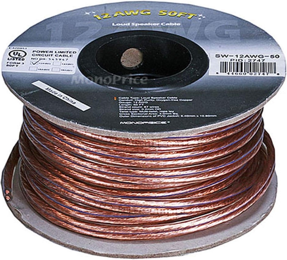 Monoprice Oxygen-Free Pure Bare Copper Speaker Wire - 50 Feet, 12AWG for Co