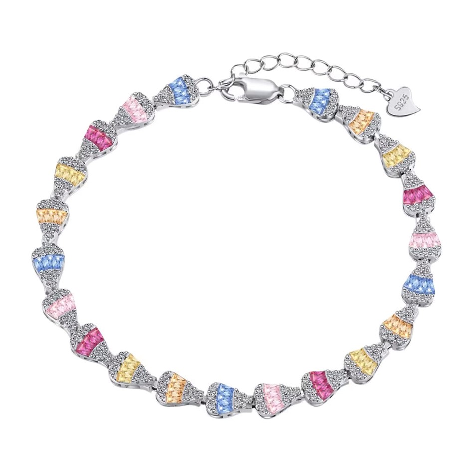 Multi Colour Cubic Zirconia 925 Sterling Silver Tennis Bracelet-17cm