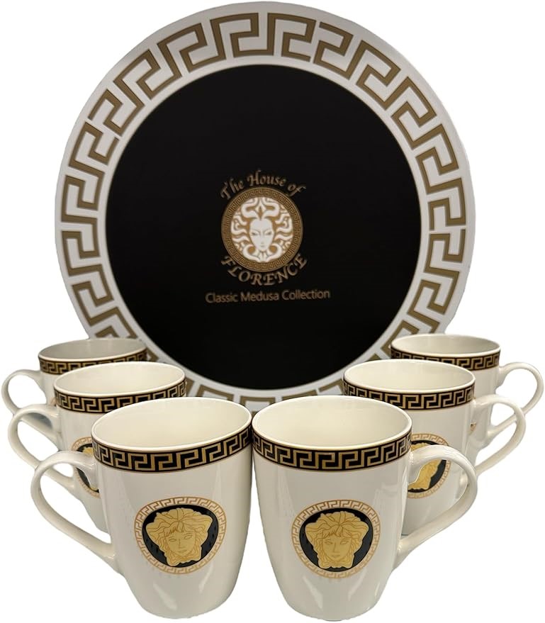 The House of Florence Black and Gold Medusa Greek Key 340ml 6pcs Coffee or