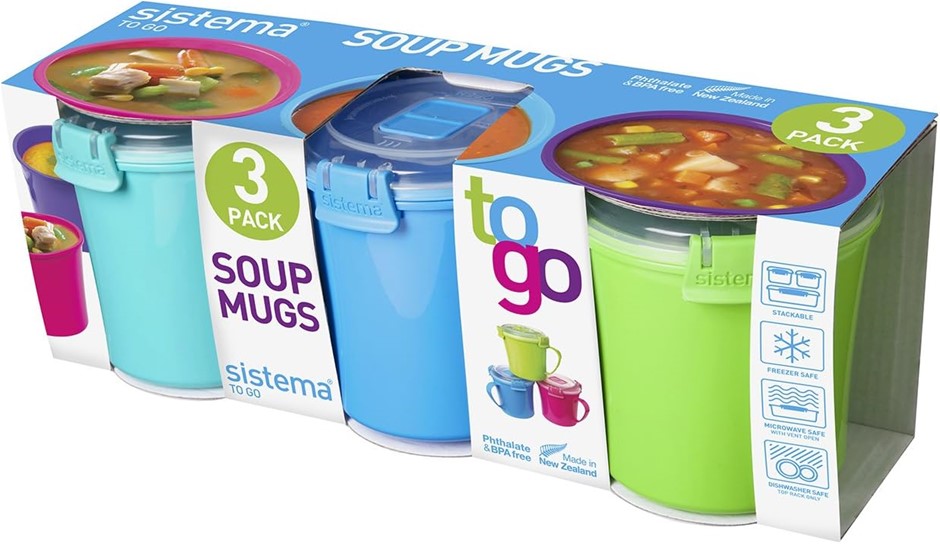 SISTEMA 3-Pack Assorted Colours Soup Mugs To Go, Plastic, 656ml.