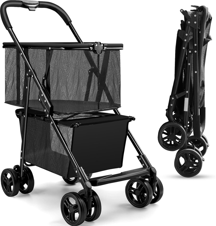 SNSUTY 90lbs Foldable Shopping Trolley with Wheels, 2 Tier Shopping Cart Tr
