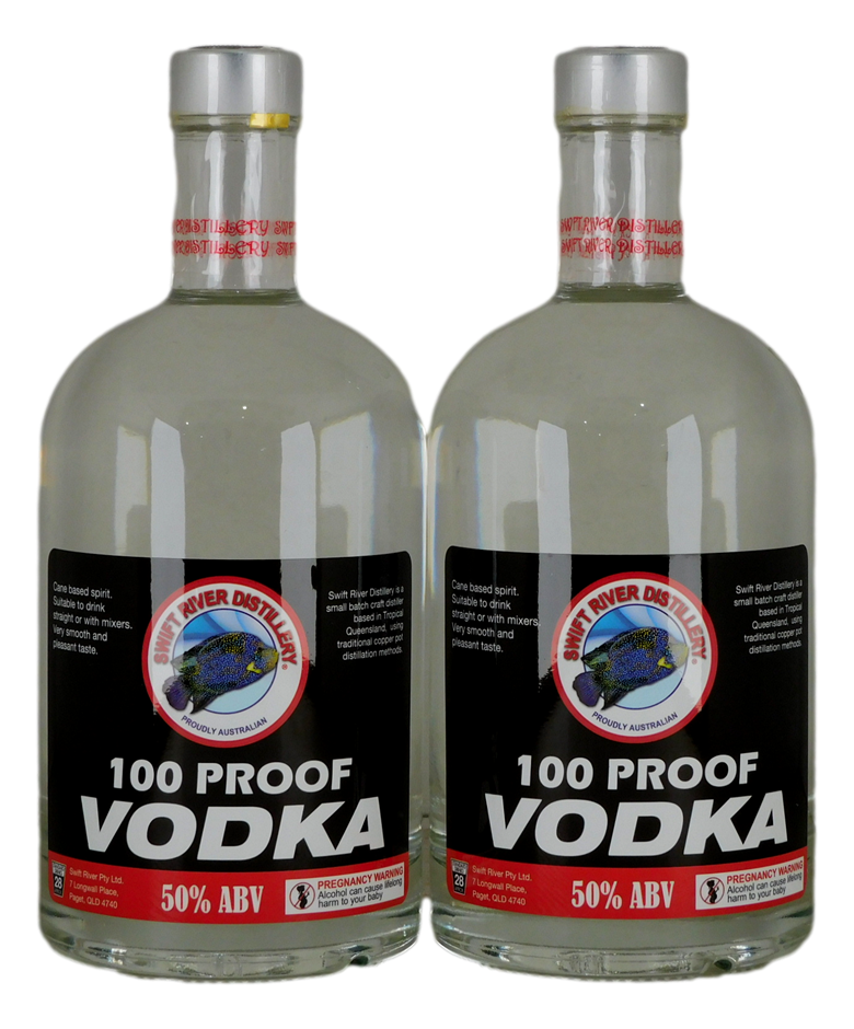 Swift River Distillery Vodka 100 proof (2x 700mL), QLD.
