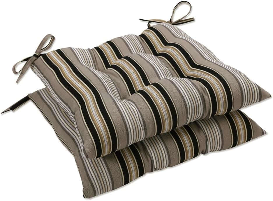 PILLOW PERFECT Indoor/Outdoor Black/Beige Striped Tufted Seat Cushion, 2-Pa