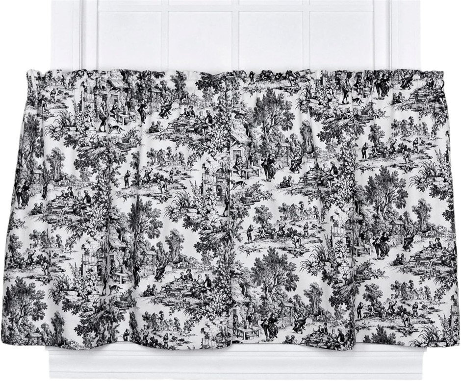 ELLIS CURTAIN Victoria Park Toile 68 x 36 Inch Tailored Tier Curtains, Blac