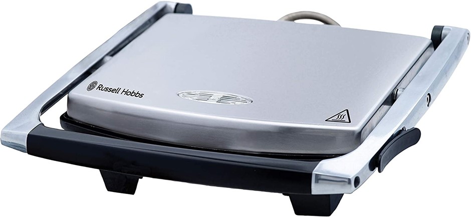 RUSSELL HOBBS Sandwich Press, Silver, Lid Lock for Compact Storage, Model: