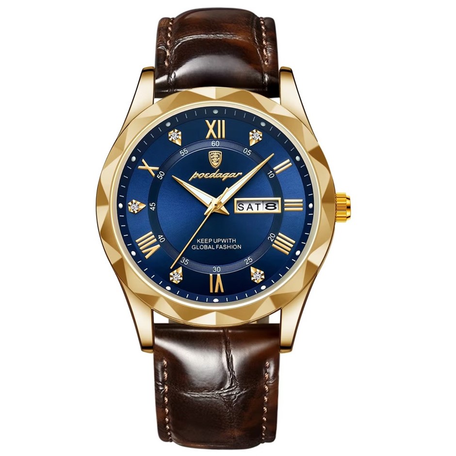 Luxury Men's Quartz Watch Date Week with Leather Strap, Gold/Blue