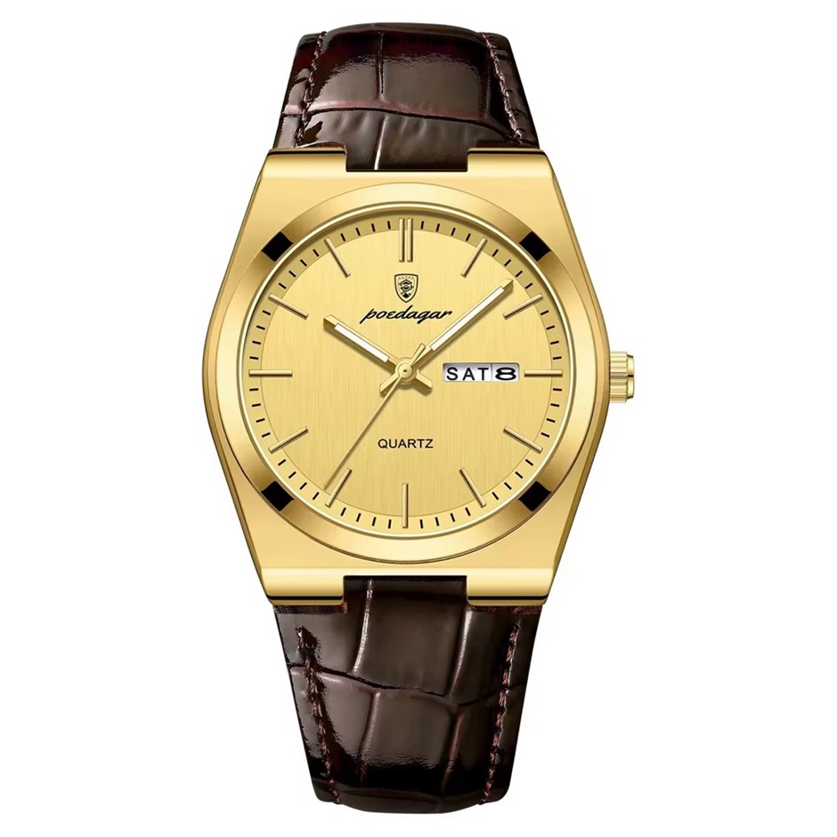 Luxury Quartz Watch for Men, Calender with Leather Strap, Gold
